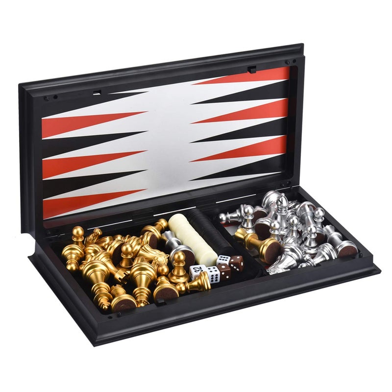 QuadPro 3 in 1 Magnetic Chess Checkers Backgammon Board Game Set with 12.5 Inch Folding Board Travel Games for Kids and Adults (Chess: Gold & Silver) - Image 3